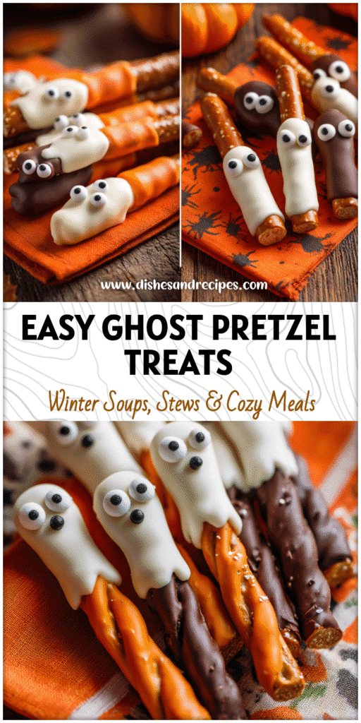 Chocolate covered ghost pretzel rods with white coating and candy eyes arranged on festive fall napkins.